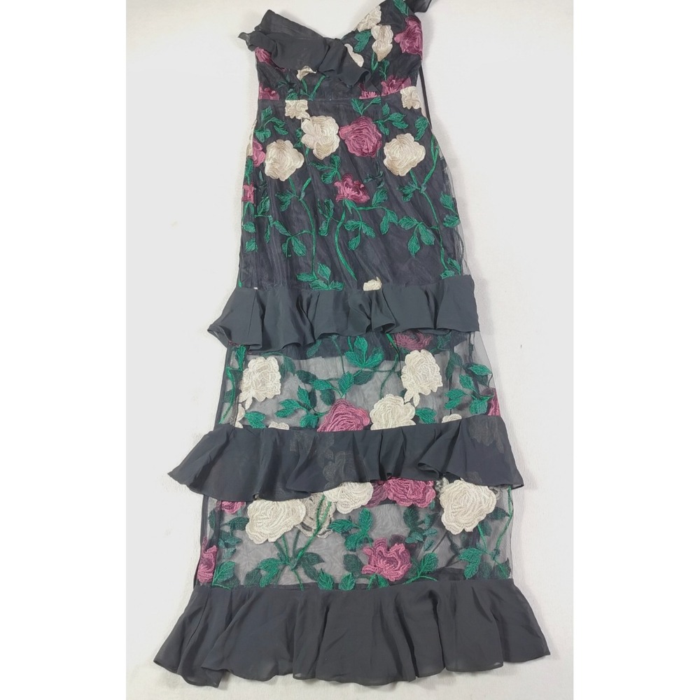 Lulus Strapless Embroidered Floral Maxi Dress Black Ruffle Tiers Formal Gown S